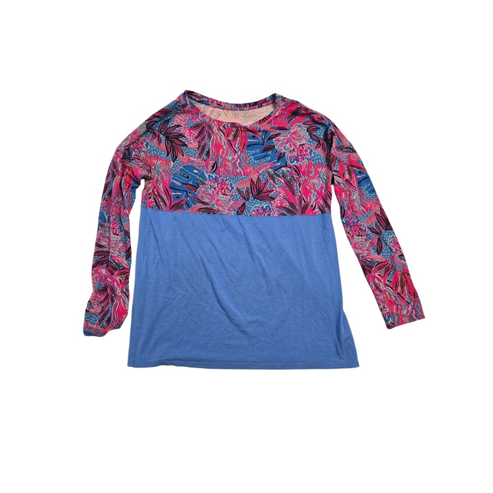 Lilly Pulitzer Womens Small Tropical Floral Colorblock Long Sleeve Top Blue Pink